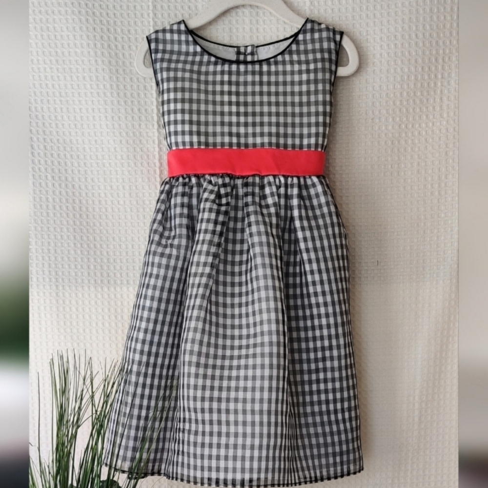 La Princess Girls Black and White Checker Dress with Attached Red Sash Size 5